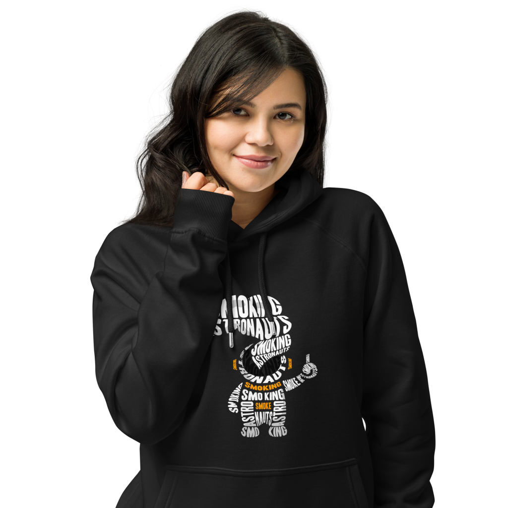 Original Wordplay Astronaut hoodie photograph showing the astronaut formed from orange and white lettering